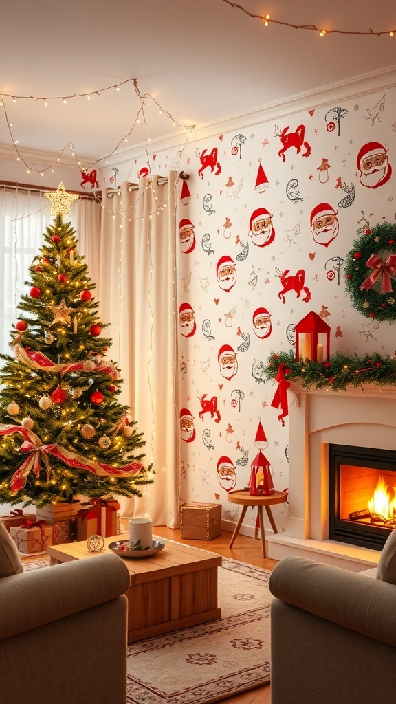 Festive Christmas Wallpaper Ideas for November A festive living room with Christmas wallpaper, decorated with Santa Claus and reindeer, featuring a Christmas tree and fireplace.